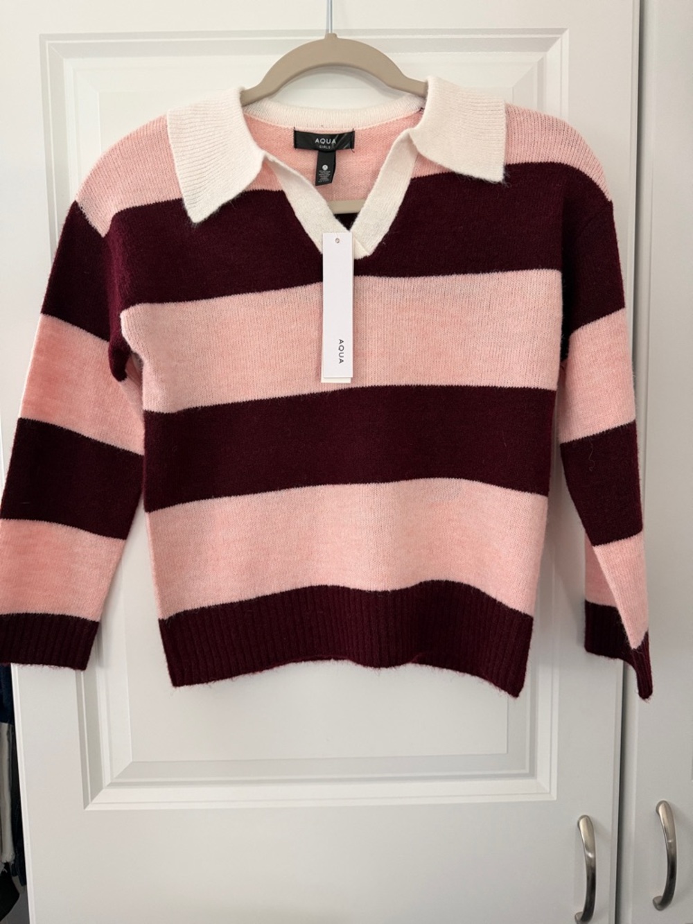 Aqua Pink & Burgundy Striped V-Neck Polo Sweater